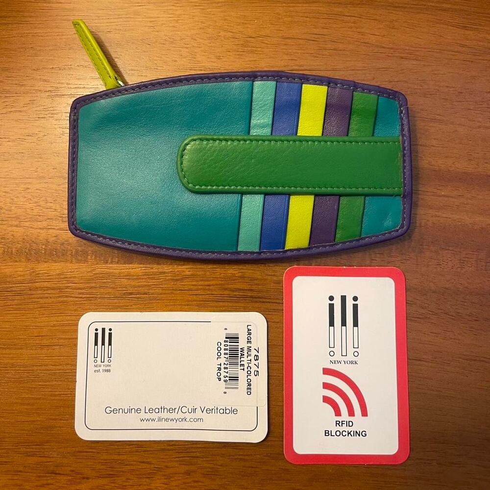 ili New York Cool Tropics Leather RFID Card Holder Wallet Zip Pocket ✨